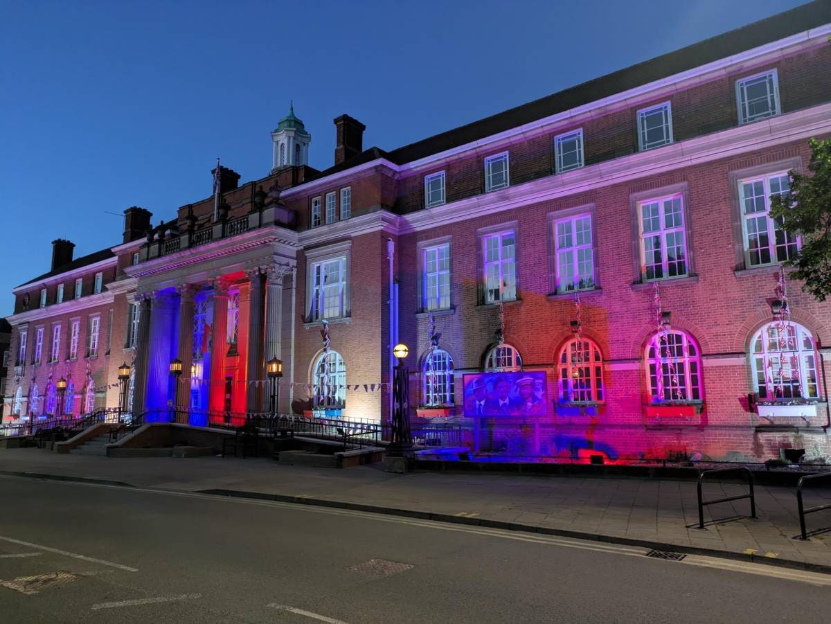 Nuneaton Town Hall Lit in Union Flag Colours — Nuneaton news photo (Nuneaton & Bedworth Borough Council)