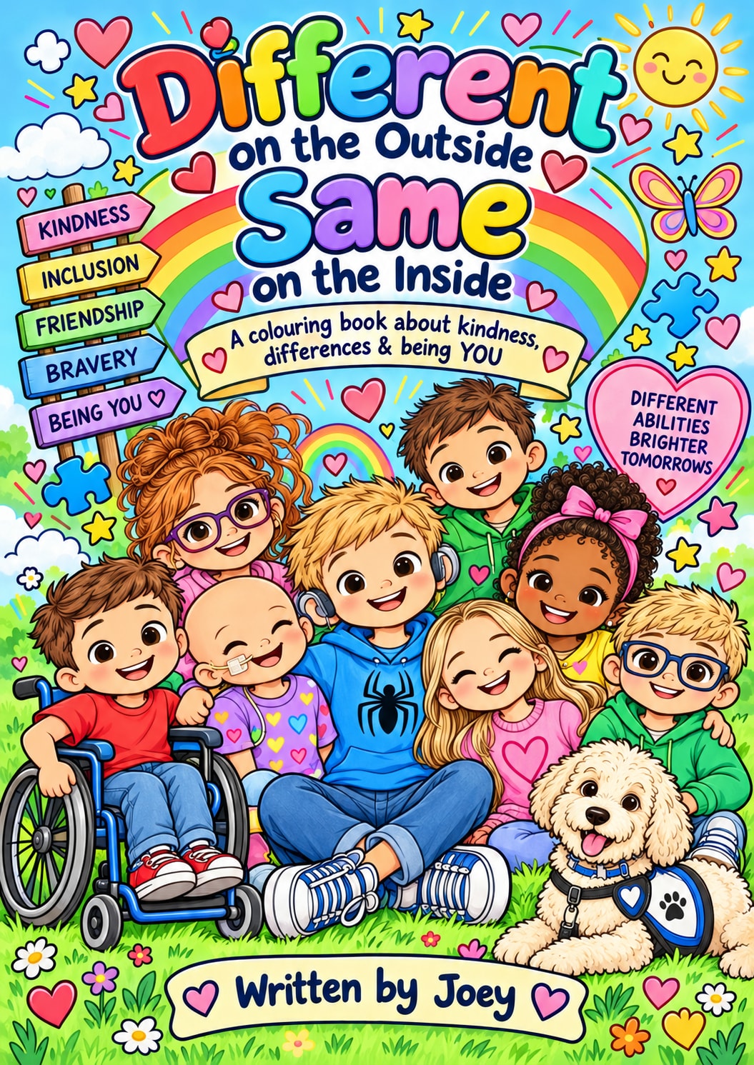 Cover of Different on the Outside, Same on the Inside, a colouring book about kindness and inclusion